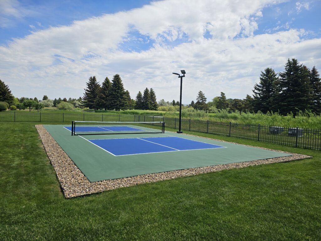 Residential pickleball court installed in blue and green with nets and lights.